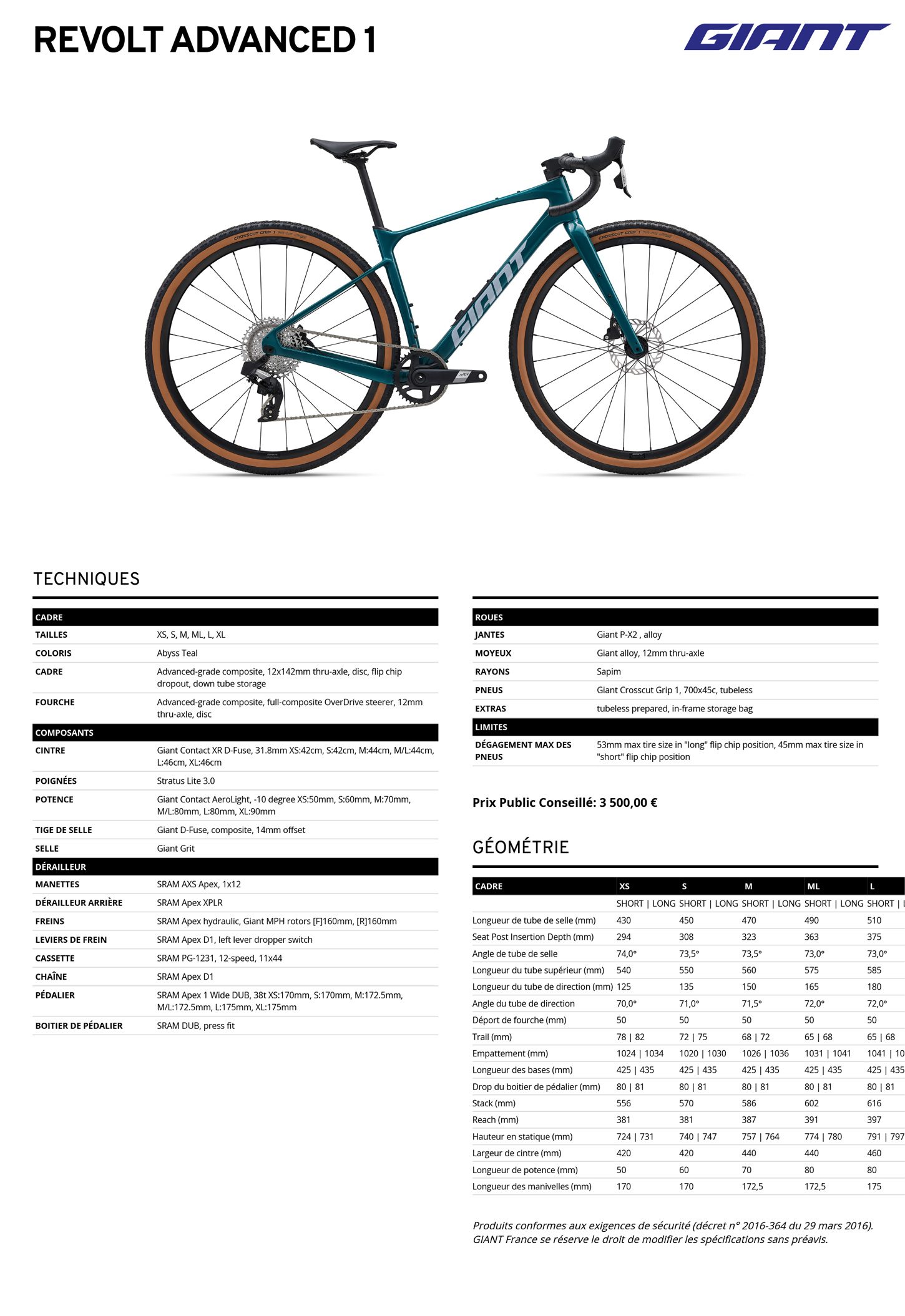 Fiche technique du velo Revolt Advanced 1 année 2027